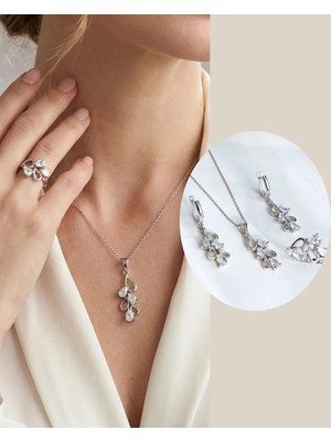 Keskin Gümüş Gümüş Yaprak Tasarım Şık Kadın Kolye Küpe Yüzük No.16 Kadın Set Doğum Günü Hediye