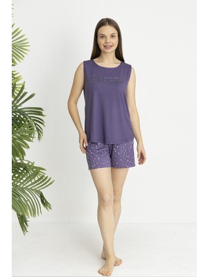 Estiva Kadın Yıldız Alt Desenli Kolsuz Şortlu Soft Pijama Takımı