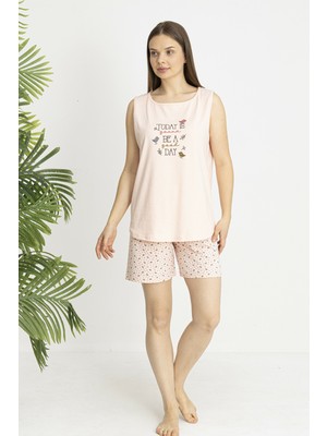 Estiva Kadın Kalp Alt Desenli Somon Kolsuz Şortlu Penye Lycra Pijama Takımı