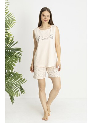 Estiva Kadın Çiçek Alt Desenli Somon Kolsuz Şortlu Penye Lycra Pijama Takımı