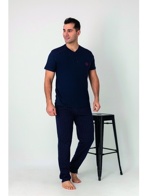 Estiva Erkek Alt Desenli Apoletli Kısa Kollu Patlı Penye Battal Pijama Takımı