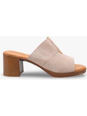 Lola Kadın Hakiki Deri Aksesuarlı Topuklu Terlik - Bej Süet