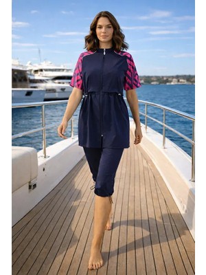 Tesmay Hızlı Kuruyan Mayo Kumaşı Fermuarlı Kısa Kollu Taytlı Kadın Mayo 3416