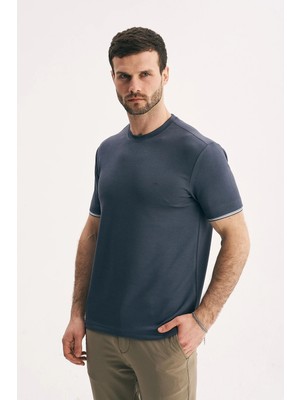 Silvano Erkek Bisiklet Yaka Kolu Çizgili Premium Pamuklu Slim Fit Tişört