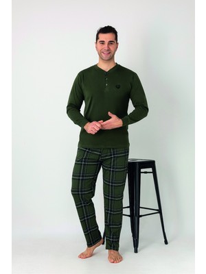 Estiva Erkek Kareli Alt Desenli Haki Uzun Kollu Patlı Penye Pijama Takımı