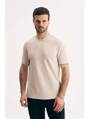 Silvano Erkek Bisiklet Yaka Kolu Çizgili Premium Pamuklu Slim Fit Tişört