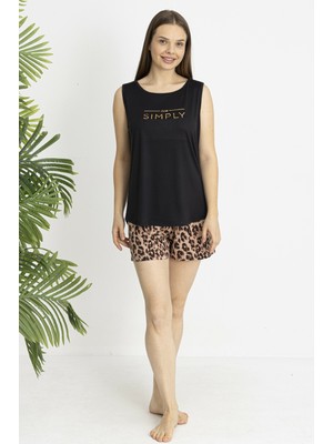 Estiva Kadın Kaplan Alt Desenli Siyah Kolsuz Şortlu Soft Pijama Takımı