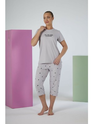 Estiva Kadın Yıldız Alt Desenli Gri Kısa Kollu Kaprili Soft Pijama Takımı