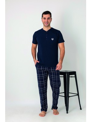 Estiva Erkek Kareli Alt Desenli Lacivert Kısa Kollu Patlı Penye Pijama Takımı