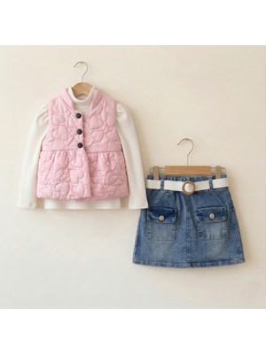Bebelanka Kız Çocuk Bayramlık Pembe Kapitone Yelekli Kot Etek Takım 2-5 Yaş