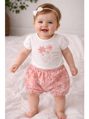Tuem Baby Çiçek Nakışlı Kısa Kollu Tişört ve Papatya Desenli Kız Bebek Şortlu Takım(Bedenölçüleriaçıklamada)