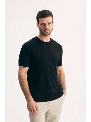 Silvano Erkek Bisiklet Yaka Kolu Çizgili Premium Pamuklu Slim Fit Tişört