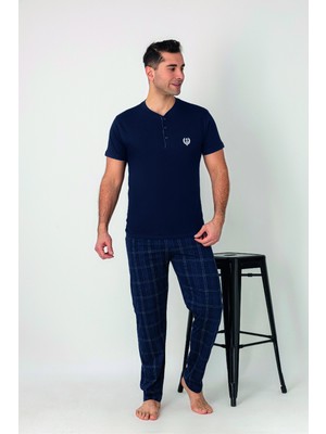 Estiva Erkek Kareli Alt Desenli Lacivert Kısa Kollu Patlı Penye Pijama Takımı