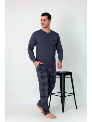 Estiva Erkek Kareli Alt Desenli Füme Uzun Kollu Patlı Penye Pijama Takımı