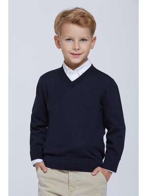 Hemington V Yaka Extrafine Merino Yün Lacivert Çocuk Triko