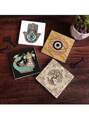 Data Store Nazar, Şahmeran, Hayat Ağacı, Fatma Ana Eli  Taş Bardak Altlığı Seti - 4 Parça - Dekoratif, Rustik Mutfak Aksesuarı, 10X10 Cm, Kaydırmaz Tabanlı, Şık ve Dayanıklı SC505