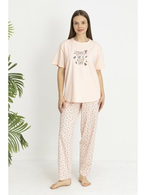 Estiva Kadın Kalp Alt Desenli Somon Penye Lycra Kısa Kollu Pijama Takımı