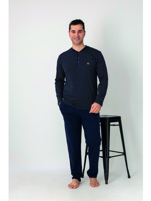 Estiva Erkek Üst Desenli Lacivert Uzun Kollu Patlı Penye Pijama Takımı