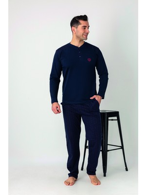 Estiva Erkek Alt Desenli Apoletli Uzun Kollu Patlı Penye Battal Pijama Takımı