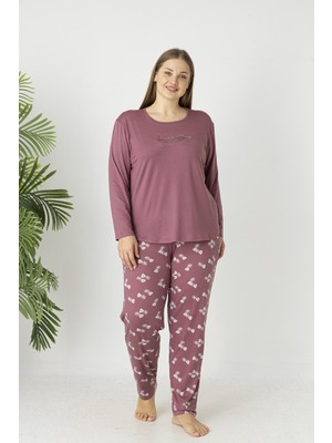 Estiva Kadın Yaprak Alt Desenli Soft Uzun Kollu Battal Pijama Takımı