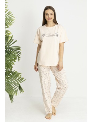 Estiva Kadın Flora Alt Desenli Somon Penye Lycra Kısa Kollu Pijama Takımı