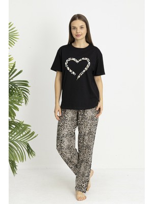 Estiva Kadın Kaplan Alt Desenli Siyah Penye Lycra Kısa Kollu Pijama Takımı