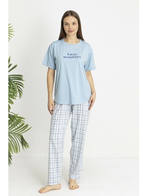 Estiva Kadın Kareli Alt Desenli Mavi Penye Lycra Kısa Kollu Pijama Takımı
