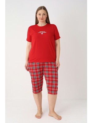 Estiva Kadın Kareli Alt Desenli Kırmızı Kısa Kollu Kaprili Soft Battal Pijama Takımı