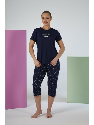 Estiva Kadın Puantiye Alt Desenli Lacivert Kısa Kollu Kaprili Soft Pijama Takımı