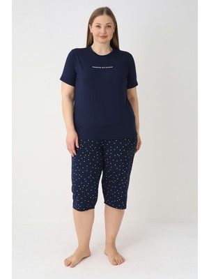 Estiva Kadın Puantiye Alt Desenli Lacivert Kısa Kollu Kaprili Soft Battal Pijama Takımı