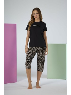 Estiva Kadın Kaplan Alt Desenli Siyah Kısa Kollu Kaprili Soft Pijama Takımı