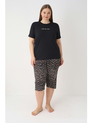 Estiva Kadın Kaplan Alt Desenli Siyah Kısa Kollu Kaprili Soft Battal Pijama Takımı