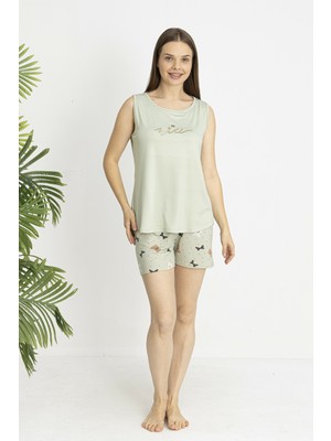 Estiva Kadın Fiyonk Alt Desenli Kolsuz Şortlu Soft Pijama Takımı