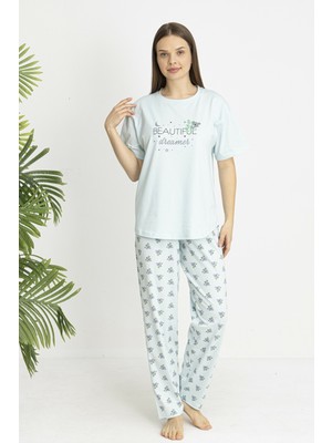 Estiva Kadın Koala Alt Desenli Yeşil Penye Lycra Kısa Kollu Pijama Takımı