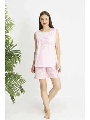 Estiva Kadın Çiçek Alt Desenli Pembe Kolsuz Şortlu Penye Lycra Pijama Takımı