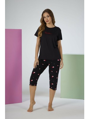 Estiva Kadın Kalp Alt Desenli Siyah Kısa Kollu Kaprili Soft Pijama Takımı