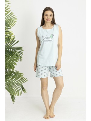 Estiva Kadın Koala Alt Desenli Yeşil Kolsuz Şortlu Penye Lycra Pijama Takımı