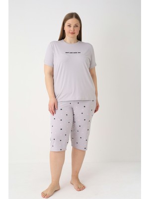 Estiva Kadın Yıldız Alt Desenli Gri Kısa Kollu Kaprili Soft Battal Pijama Takımı
