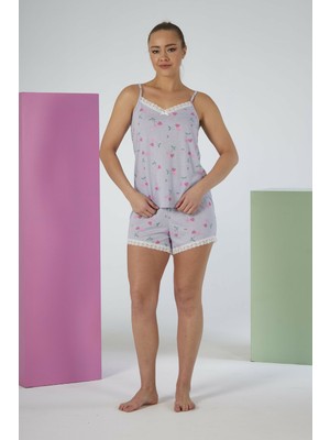 Estiva Kadın Kalp Desenli Gri Askılı Şortlu Viskon Pijama Takımı