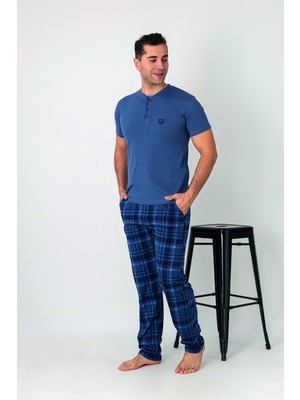 Estiva Erkek Kareli Alt Desenli Mavi Kısa Kollu Patlı Penye Pijama Takımı