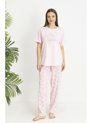 Estiva Kadın Flora Alt Desenli Pembe Penye Lycra Kısa Kollu Pijama Takımı