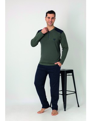 Estiva Erkek Alt Desenli Apoletli Uzun Kollu Patlı Penye Pijama Takımı