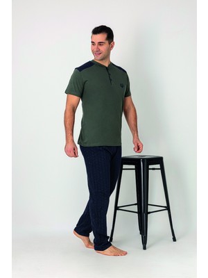 Estiva Erkek Alt Desenli Apoletli Kısa Kollu Patlı Penye Battal Pijama Takımı