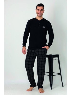 Estiva Erkek Kareli Alt Desenli Siyah Uzun Kollu Patlı Penye Pijama Takımı