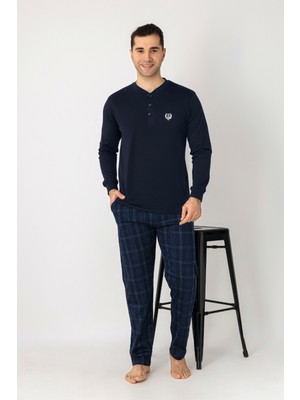 Estiva Erkek Kareli Alt Desenli Lacivert Uzun Kollu Patlı Penye Pijama Takımı