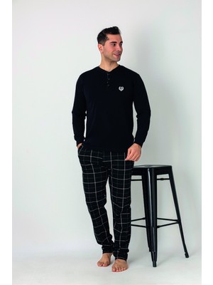 Estiva Erkek Kareli Alt Desenli Siyah Uzun Kollu Patlı Penye Pijama Takımı
