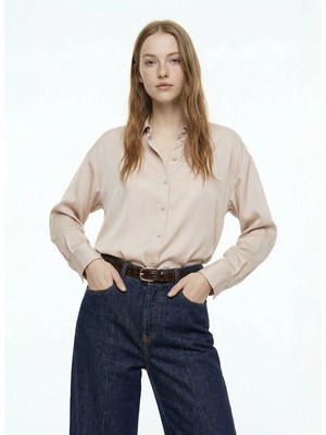 Fabrika Loose Fit Gömlek Yaka Düz Bej Kadın Gömlek F6SL-GML0194
