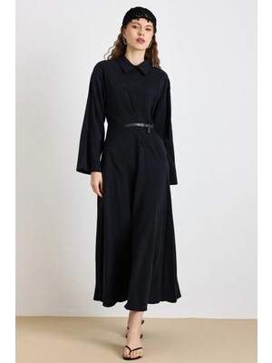 Olcay Kemer Aksesuarlı Premium Kumaş Kloş Elbise Siyah 9423-E