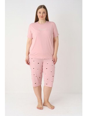 Estiva Kadın Kalp Alt Desenli Pembe Kısa Kollu Kaprili Soft Battal Pijama Takımı