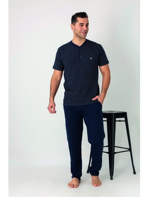 Estiva Erkek Üst Desenli Lacivert Kısa Kollu Patlı Penye Pijama Takımı